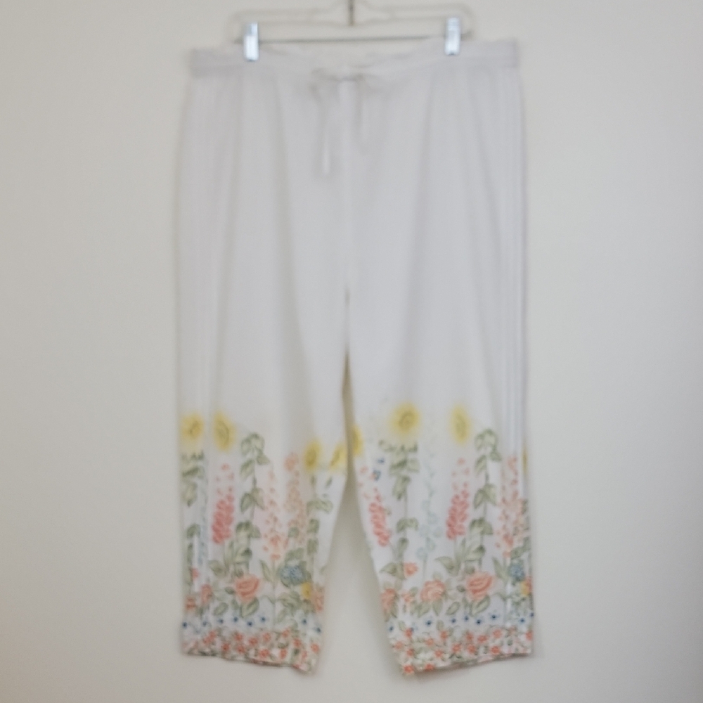 LA Cera Cropped White Cotton Floral Print Pants L